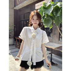 批发法式气质波点印花个性飘带短袖<b class='q'>衬衫</b>女2025夏季新款设计感宽松上衣