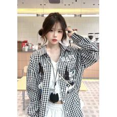 批发实价美式复古<b class='q'>格子</b><b class='q'>衬衫</b>女学院风百搭卡通毛巾绣学院风小个子<b class='q'>衬衣</b>潮