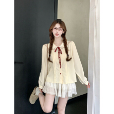 批发蝴蝶结刺绣娃娃领衬衫女装2025秋季新款复古宽松长袖上衣内搭外穿