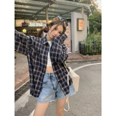 批发实价韩系复古藏蓝格纹<b class='q'>衬衫</b>女<b class='q'>长袖</b>休闲宽松格子磨毛翻领上衣外套潮