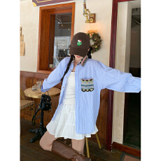 批发实价名族风拼接条纹<b class='q'>长袖</b><b class='q'>衬衫</b>女2026春秋薄款别致宽松慵懒上衣外套