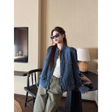 批发实价老钱风肌理感牛仔小香外套女款2026春季气质蓝色H型立领上衣