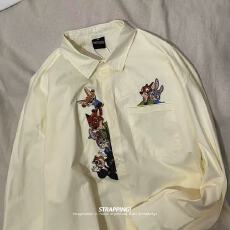 批发蓝色趣味卡通长袖衬衫女2025秋季新款宽松bf美式<b class='q'>街头</b>潮牌情侣上衣