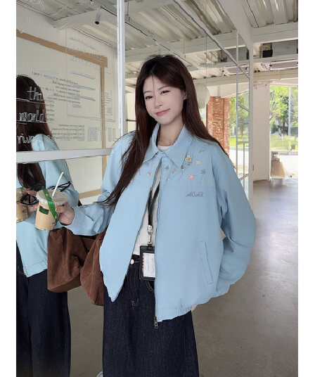 실사 디자인 센스 3 차원 꽃 자수 캐주얼 재킷 여성 코트 2026 가을 새로운 다용도 폴로 칼라 맨위