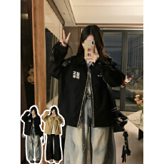 批发实价重工设计感宽松复古工装<b class='q'>夹克</b>上衣女2025秋冬爆款情侣翻领<b class='q'>外套</b>