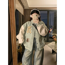 批发实价美式复古十字架<b class='q'>棒球</b>服重磅字母毛巾绣外套女2025百搭情侣夹克