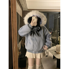 批发可拆卸毛领蝴蝶结蓝色大毛领连帽外套<b class='q'>女</b>小个子长毛呢<b class='q'>夹克</b>上衣