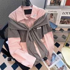 批发假两件针织拼接条纹衬衫女早<b class='q'>秋</b>miu系粉色衬衣修身学院风甜美上衣