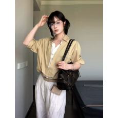 批发老钱风V领撞色衬衫女早秋休闲风长袖假两件衬衣宽松高级情侣上衣