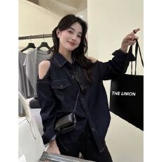 批发美式复古<b class='q'>长袖</b>镂空露肩牛仔<b class='q'>衬衫女</b>秋季新款宽松显瘦设计感上衣外套