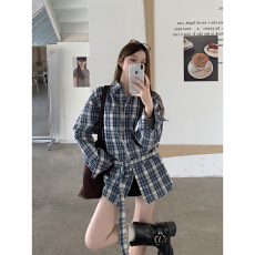 批发韩系复古设计感蓝格纹<b class='q'>衬衫</b>女2026秋季休闲绑带收腰长袖上衣