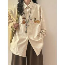 批发美式复古春秋趣味可爱猫咪刺绣<b class='q'>长袖</b><b class='q'>衬衫</b>男女慵懒文艺休闲宽松<b class='q'>衬衣</b>