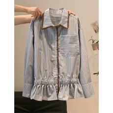 批发学院风蓝色条纹拼接<b class='q'>衬衫</b>上衣女春秋季漂亮设计感小众收腰<b class='q'>长袖</b><b class='q'>衬衣</b>