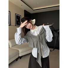 批发韩系学院风假两件<b class='q'>衬衫</b>女2026春季新款高级感小众别致设计<b class='q'>长袖</b>上衣