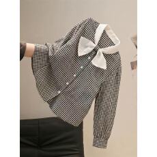 批发韩系立领蝴蝶结撞色格子长袖<b class='q'>衬衫</b>女春夏漂亮独特绝美气质<b class='q'>衬衣</b>上衣