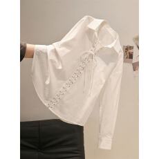 批发韩系白色超好看绑带门襟长袖<b class='q'>衬衫</b>女春秋季别致独特小众设计感上衣