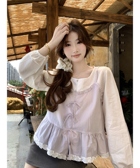 한 부서 달콤함 패치워크 페이크 레이어드 여성 셔츠 2026 봄 여름 새로운 Chic 디자인 센스 나비 매듭 연령 감소 맨위