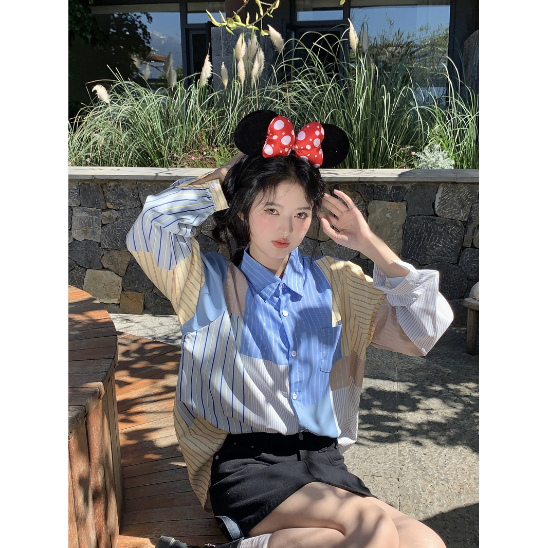 실사 2026 봄 새로운 스트라이프 패치워크 긴팔 셔츠 Chic 디자인 센스 캐주얼 폴로 칼라 맨위 재킷
