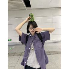 批发日系复古紫色短袖<b class='q'>衬衫</b>外套女款夏季2026新款宽松休闲百搭<b class='q'>衬衣</b>上衣