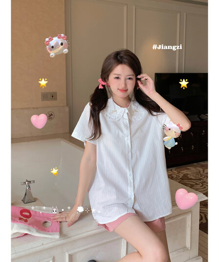 실사 여름 프릴 베이비 칼라 달콤함 반팔 여성 셔츠 귀여운 나비 매듭 일본식 작은 청신 셔츠