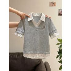 批发纯棉波点衬衫假两件短袖T恤女夏季韩系设计感学院风半袖上衣