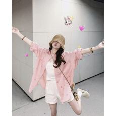 批发粉色蝴蝶结印花长袖衬衫女夏季新款<b class='q'>甜美</b>防晒宽松中长款开衫上衣潮