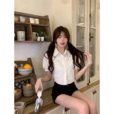 批发法式泡泡短袖衬衫女夏季设计感小众衬衣不规则短款别致上衣ins潮