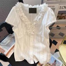 批发法式复古荷叶边蕾丝收腰衬衫女夏季新款小众独特别致显瘦短袖上衣