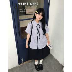 批发学院风条纹短袖衬衫女夏2026新款绑带设计感可爱甜妹通勤翻领衬衣