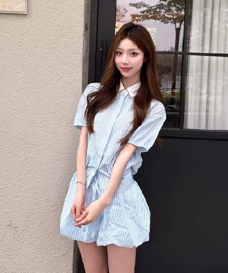 한 부서 학원 스타일 체크무늬 POLO 칼라 셔츠 체크무늬 꽃밭 치마 여성 여름 트렌드 패션 투피스 세트