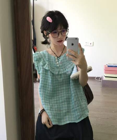 한 부서 체크무늬 조끼 맨위 여성 여름 새로운 착용 가져 가라. 작은 날다 소매 루즈핏 고유 한 아름다운 작은 키 아름다운 작은 셔츠