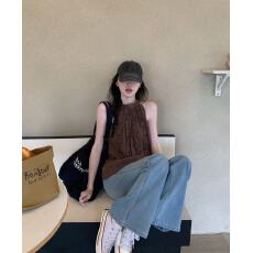 批发露肩甜妹咖色木耳边蝴蝶结挂脖吊带女纯欲绝美无袖上衣夏