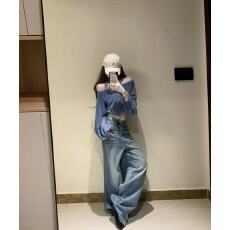批发法式气质蓝色波点一字肩短款长袖<b class='q'>衬衫女</b>露肩薄款百搭上衣