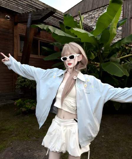 도파민 파란색 자수 폴로 칼라 여성 코트 가을 디자인 센스 작은 대중 3 차원 꽃 야구 유니폼 재킷