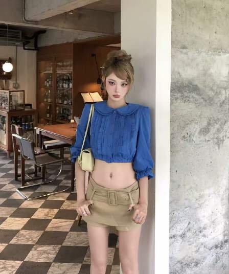 순면 베이비 칼라 중간 소매 여성 셔츠 새로운 디자인 센스 몸매 가꾸기 셔츠 품격 쇼트 스타일 이슬 뼈의 맨위