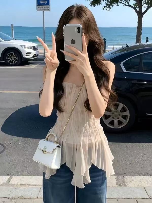 섹시함 핫걸 불규칙 밑단 시스루 튜브탑 조끼 여성 봄 여름 새로운 프랑스식 빛 럭셔리 레트로 스타일 맨위