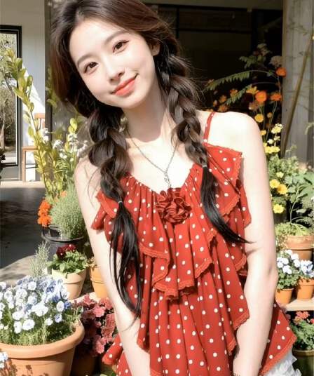 한 부서 휴가 바람 빨간색 도트 무늬 프릴 슬립 맨위 여성 2026 여름 새로운 달콤한 매운맛 외출용 작은 조끼