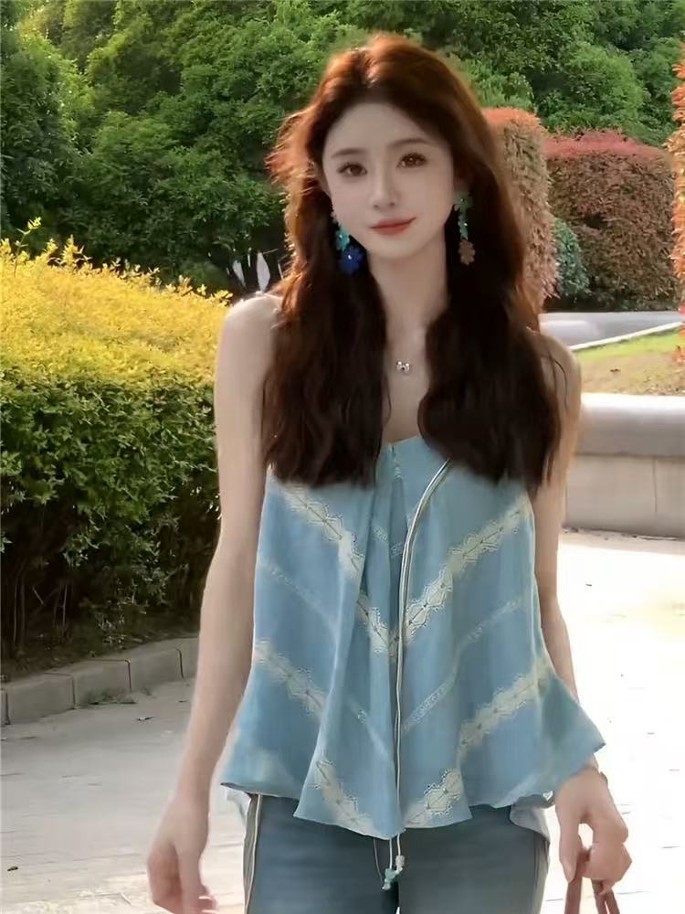 한국 스타일 2026 초여름 인터넷 색상 V넥 면 린넨 품격 슬림해 보이는 연령 감소 다용도 비즈 자수 달콤함 슬립 맨위