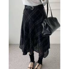 批发26春季新款女法式复古格纹不对称下摆A字中长款半身裙女潮
