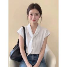 批发法式白色飘带短袖衬衫女士2026年夏季新款气质高级感职场通勤上衣