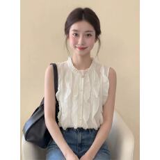 批发法式气质白色荷叶边无袖衬衫女士夏季高级感轻奢减龄洋气背心上衣