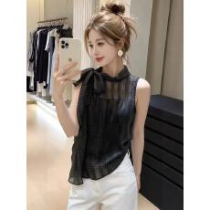 批发韩版气质格纹无袖背心衬衫上衣2026夏季新款时尚蝴蝶结小衫衬衣女