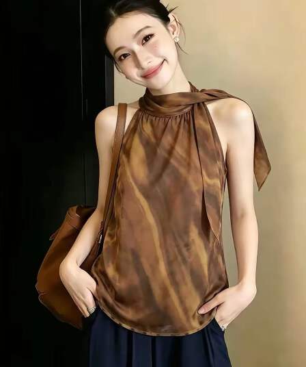 프랑스식 빛 럭셔리 민소매 행침 목 조끼 여성 여름 새로운 작은 대중 디자인 센스 리본 프린트 품격 패션 맨위