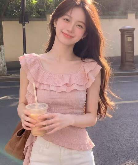 한 부서 ins 디자인 센스 작은 대중 여성 여름 핑크색 프릴 대 네클라인 작은 날다 소매 티셔츠 몸매 가꾸기 슬림해 보이는 맨위