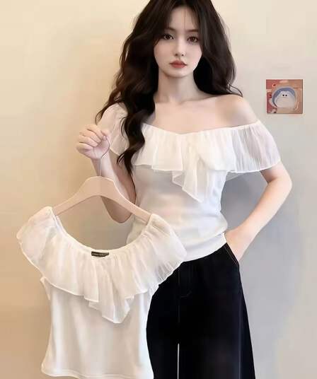 화이트 프릴 패치워크 보트넥 오프숄더 반팔 티셔츠 여성 여름 몸매 가꾸기 작은 심장 기계 긍정적 인 어깨 쇼트 스타일 맨위