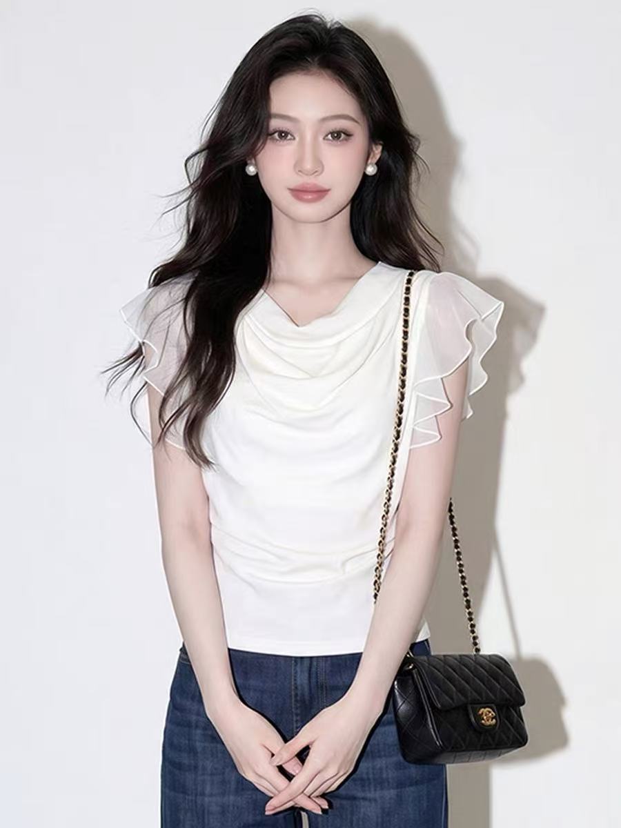 화이트 프릴 패치워크 보트넥 오프숄더 반팔 티셔츠 여성 여름 몸매 가꾸기 작은 심장 기계 긍정적 인 어깨 쇼트 스타일 맨위