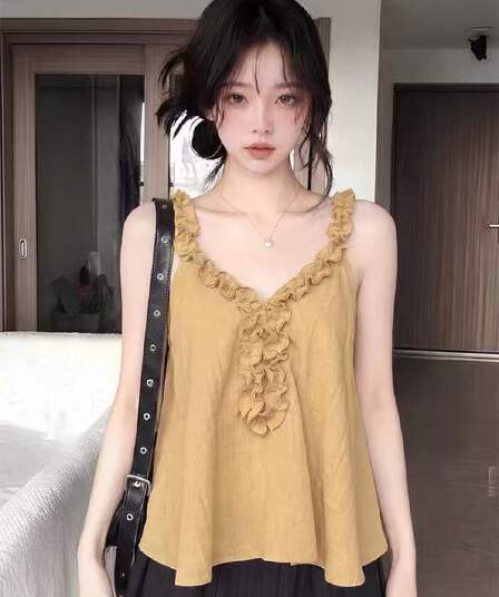 디자인 센스 프릴 민소매 조끼 여성 여름 분위기 센스 V넥 슬립 루즈핏 슬림해 보이는 연령 감소 다용도 맨위