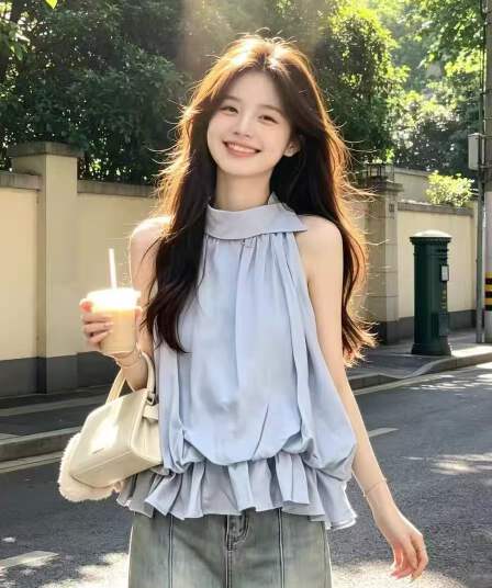한국 스타일 프릴 꽃밭 행침 목 조끼 여성 셔츠 여름 불규칙 폴로 칼라 인형 셔츠 루즈핏 슬림해 보이는 맨위
