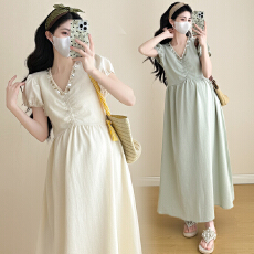 批发实拍 2026 夏装新品设计感领口珠片孕妇<b class='q'>连衣裙</b>