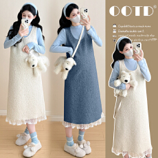 实拍 2025 秋冬新款加绒加厚雨花绒孕妇装背带裙+大码毛衣套装